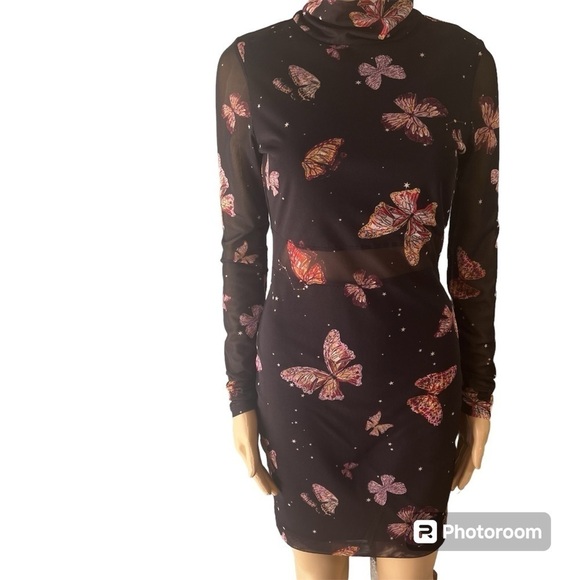Material Girl Butterfly Printed Mesh Butterfly Bodycon Dress Size Medium - Picture 2 of 16